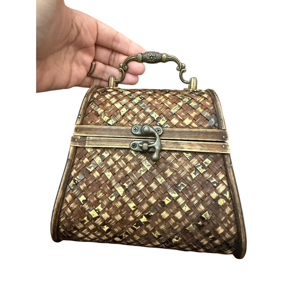 Vintage Woven Wood Bamboo Top Handle Box Purse Brass Hardware Brown
